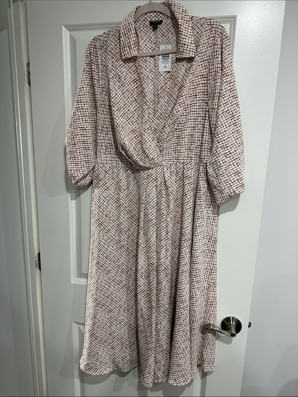 torrid Beige and Brown Grid-Print Midi Wrap Dress